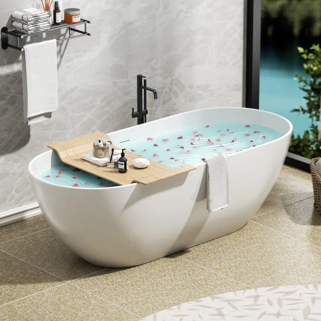 63 Inch Freestanding Solid Surface Bathtub Premium Engineered Marble Resin bathin