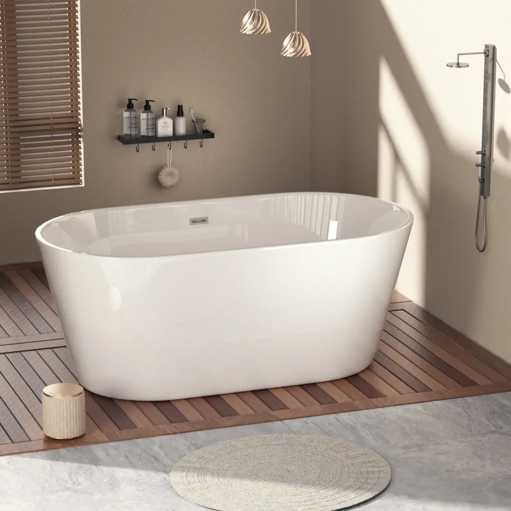 60 Inch Freestanding Gloss White Acrylic Soaking Bathtub Toe Tap Chrome Finish bathininc