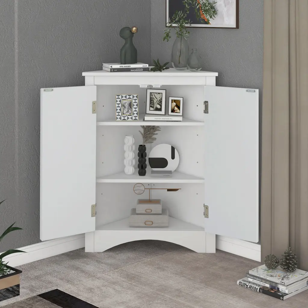 White Triangle Bathroom Storage Cabinet Customizable Shelves Freestanding by