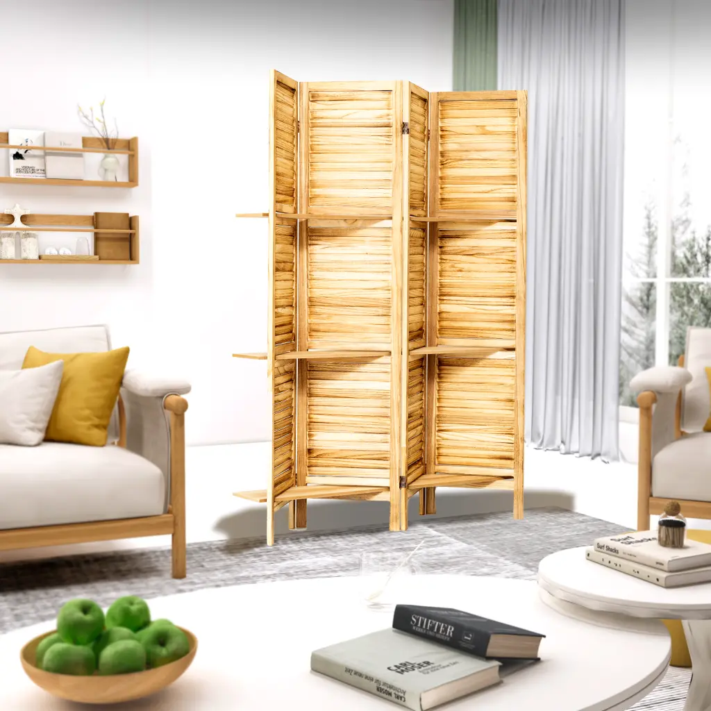 4 Panel Timber Room Divider Screen Shelves Freestanding Partition Wall Decor w2701