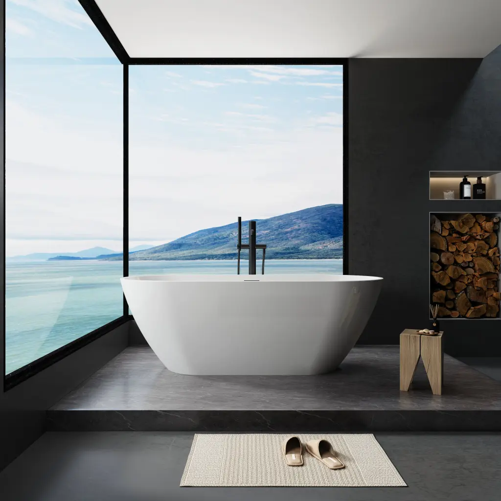 55 Inch Polished White Acrylic Freestanding Soaking Bathtub Chrome Overflow bathin