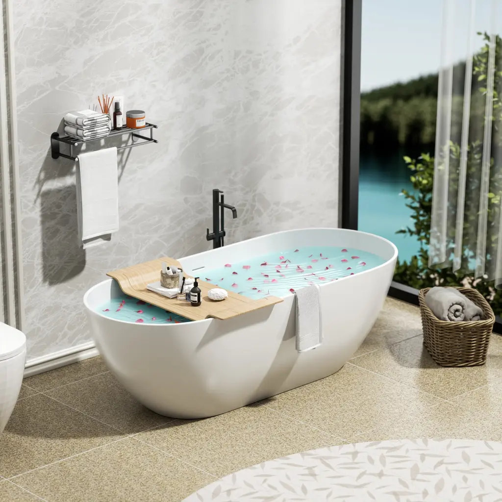 Premium Artisan Made Marble Resin Freestanding Soaking Bathtub Overflow bathininc