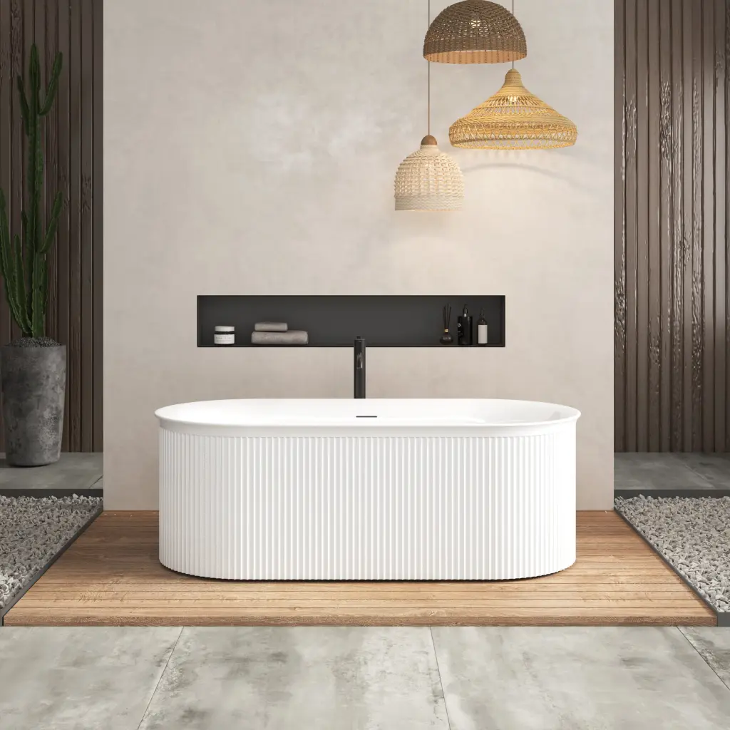 67 Inch Acrylic Freestanding Bathtub Fluted Style Soaking Tub Glossy White Modern Bathroom Fixture rnb