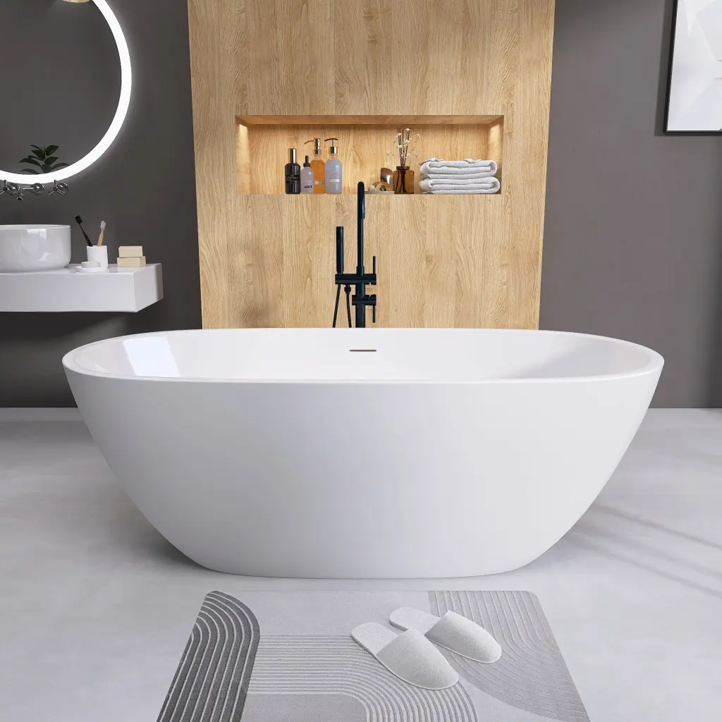 55 Inch Acrylic Free Standing Soaking Tub Timeless Oval Design Adjustable w995 bestgo