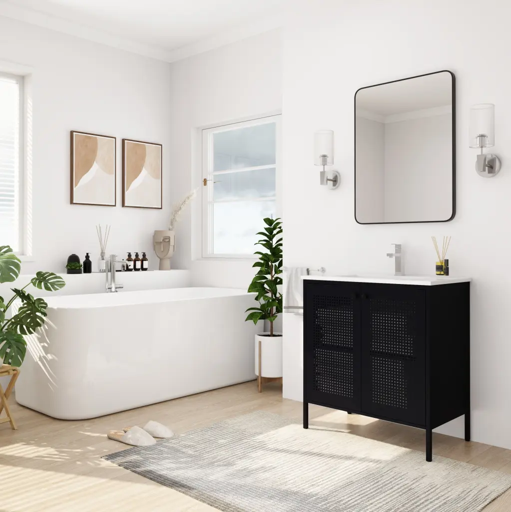 30 Inch Freestanding Bathroom Vanity Porcelain Sink Black 2 Door Storage g-lemon