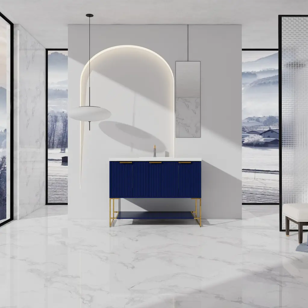 48 Inch Freestanding Bathroom Vanity Resin Basin 48X18 Navy Blue Sink Cabinet g-lemon