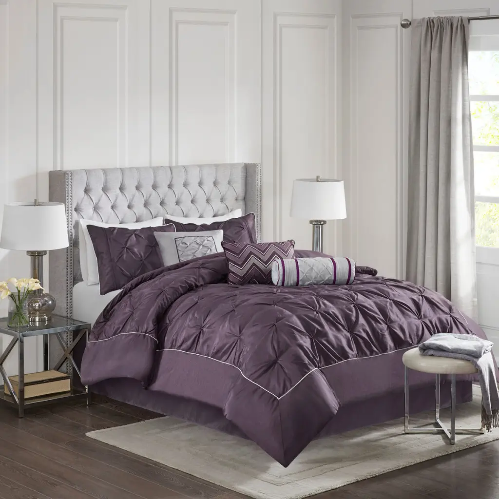 7 Piece Tufted Easeer Set Plum Full Size Polyester Bedding jla
