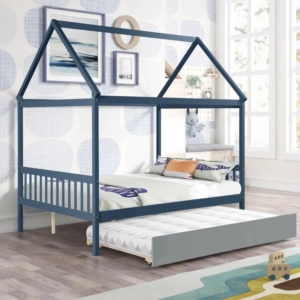 Navy Blue Full Bed Grey Trundle - Blue Pine Frame fangxing