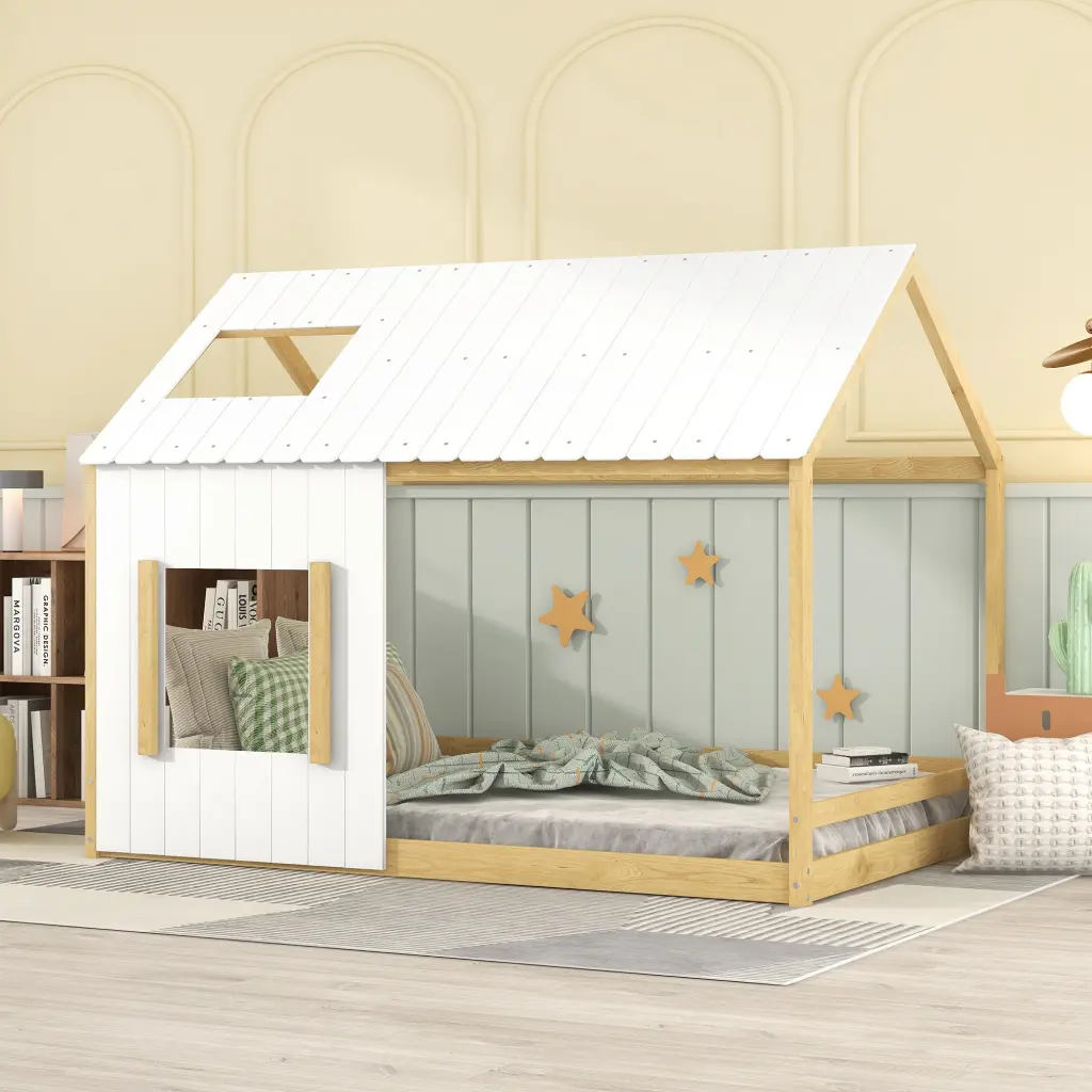 Full Houtilize Bed Roof and Window White Natural White MDF lucky furniture