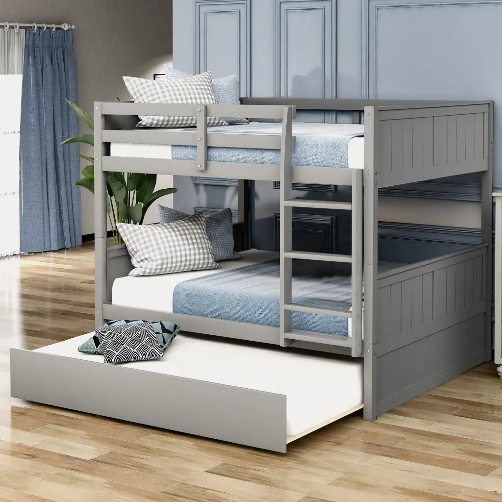 Full Over Full Bunk Bed Twin Trundle Gray Finish Space Saving lucky furniture