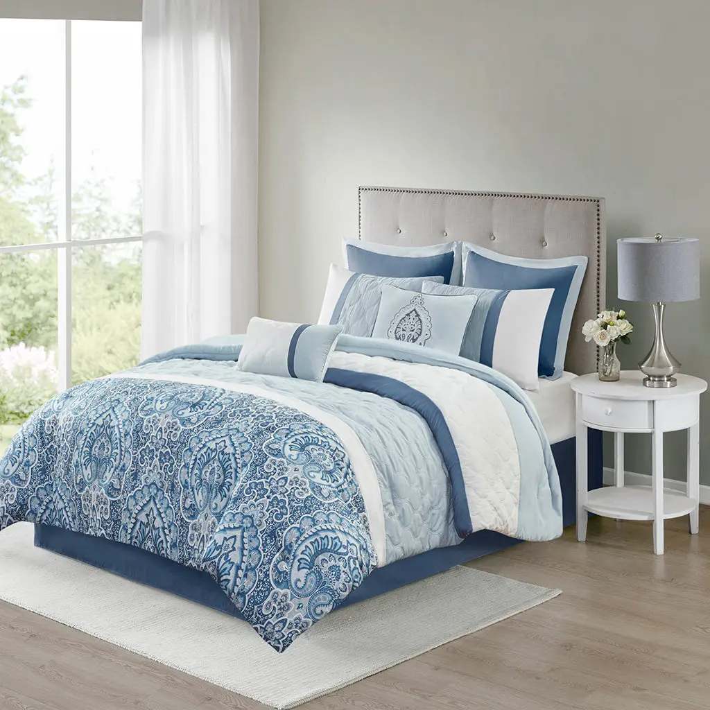 8 Piece Comforter Set Blue Polyester Bedding Set Queen King Size Beds Soft and Comfortable jla