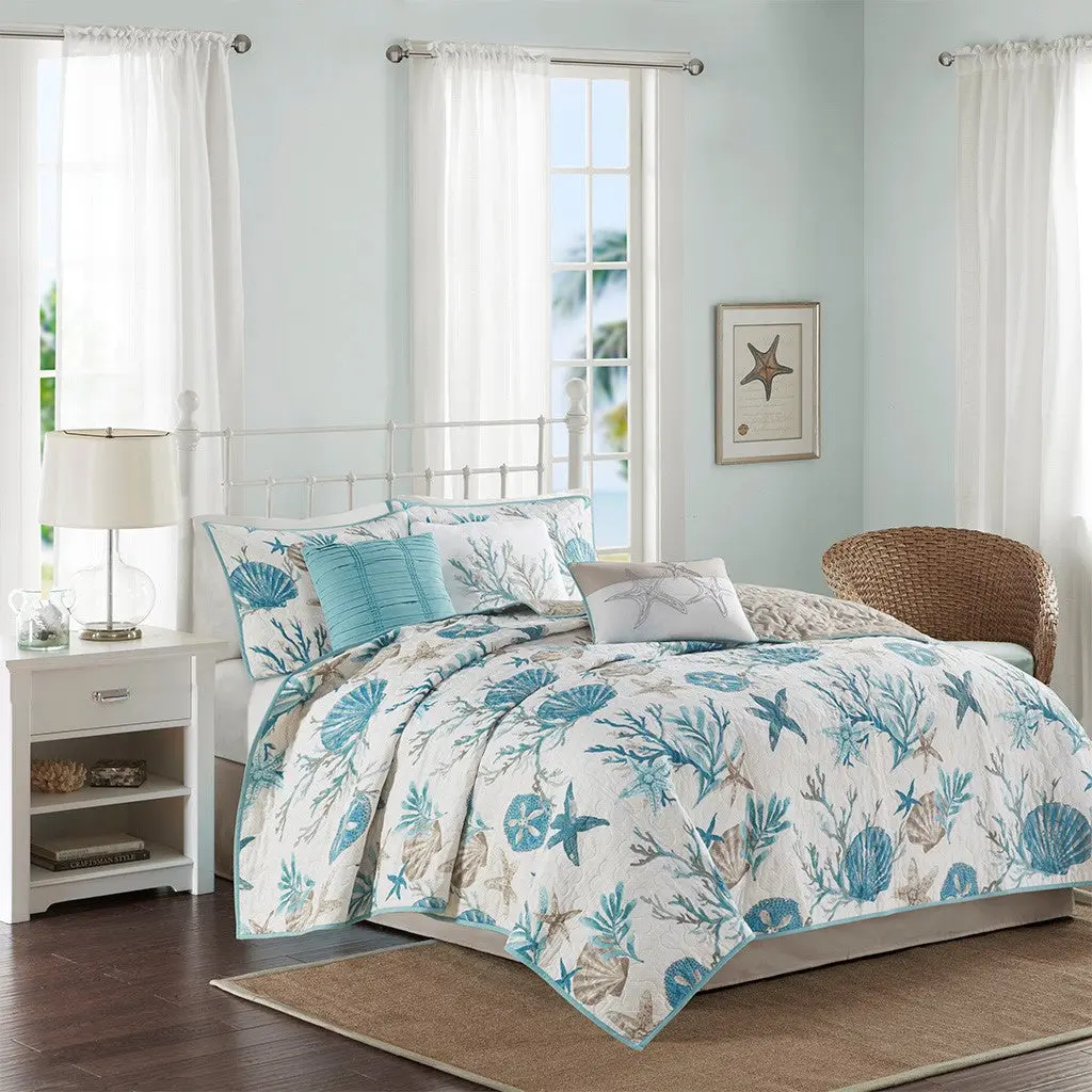 6 Piece Cotton Sateen Quilt Set Throw Pillows Aqua Full Queen Size Bedding jla
