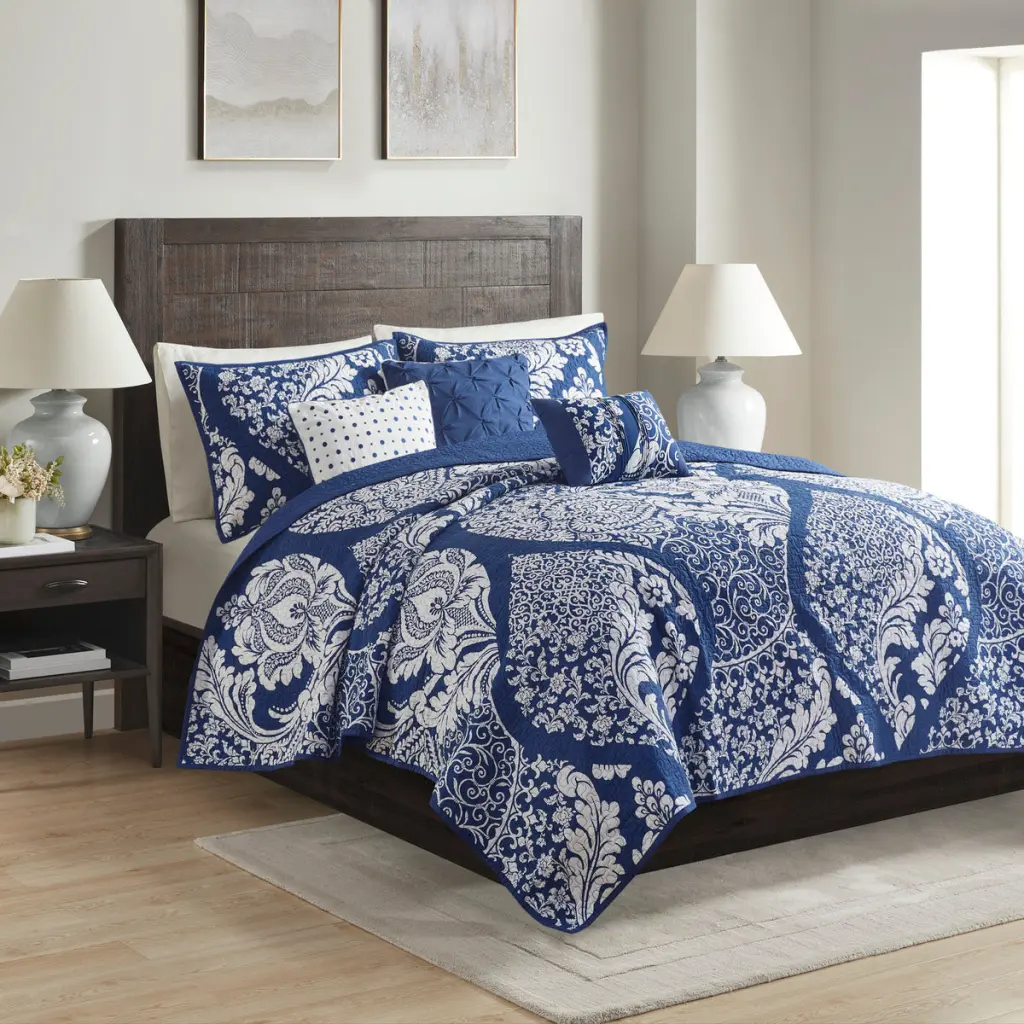 6 Piece Printed Cotton Quilt Set Throw Pillows Indigo Full Queen jla