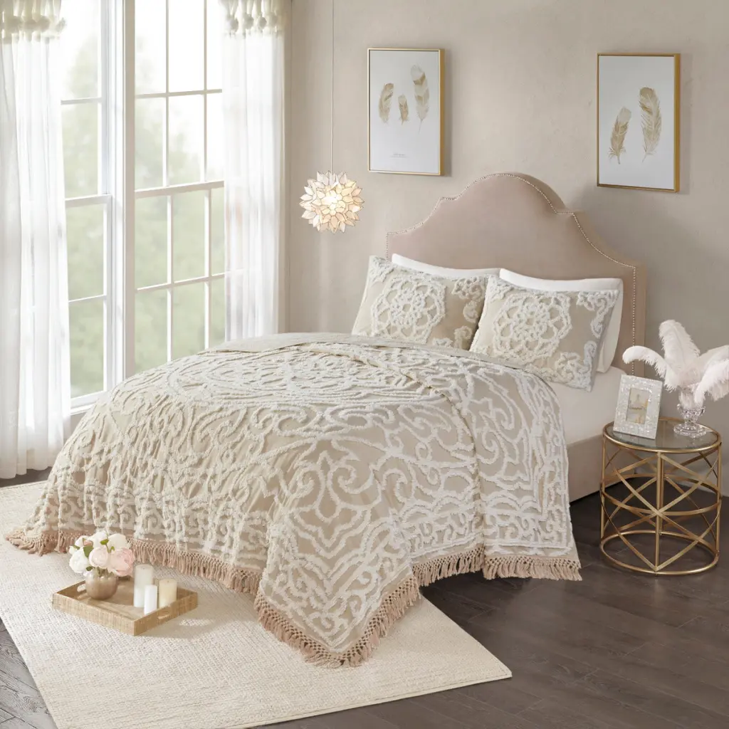 Tufted Cotton Chenille Medallion Fringe Coverlet Mini Set Taupe Full Queen Soft Cozy Bedding jla