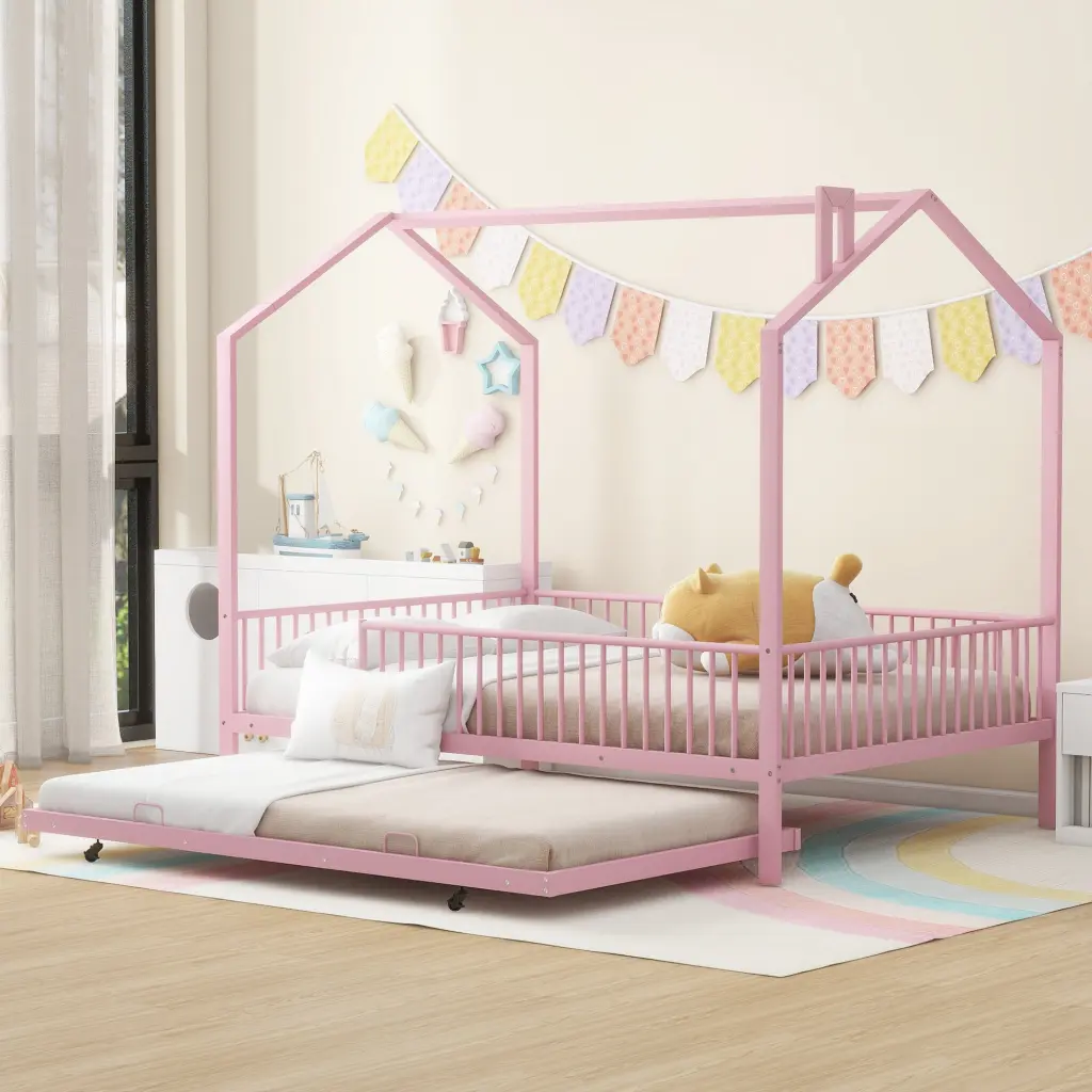 Full Size Metal House Bed Fence and Trundle Pink wm dreamland