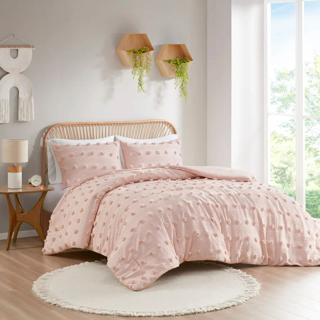 Clip Jacquard Comforter Set Full Size Pink Polyester Bedding jla