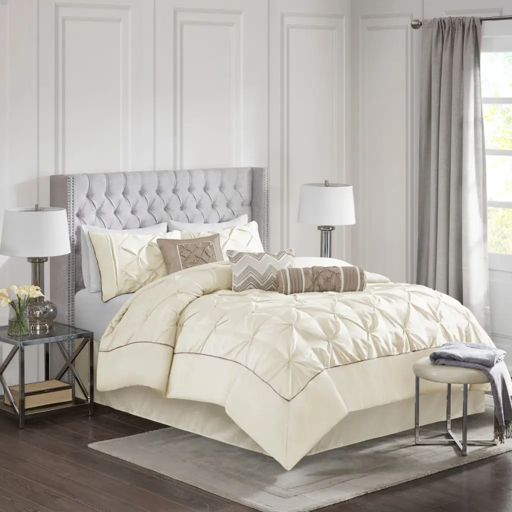 7 Piece Tufted Comforter Set Ivory Full Size Polyester Bedding jla