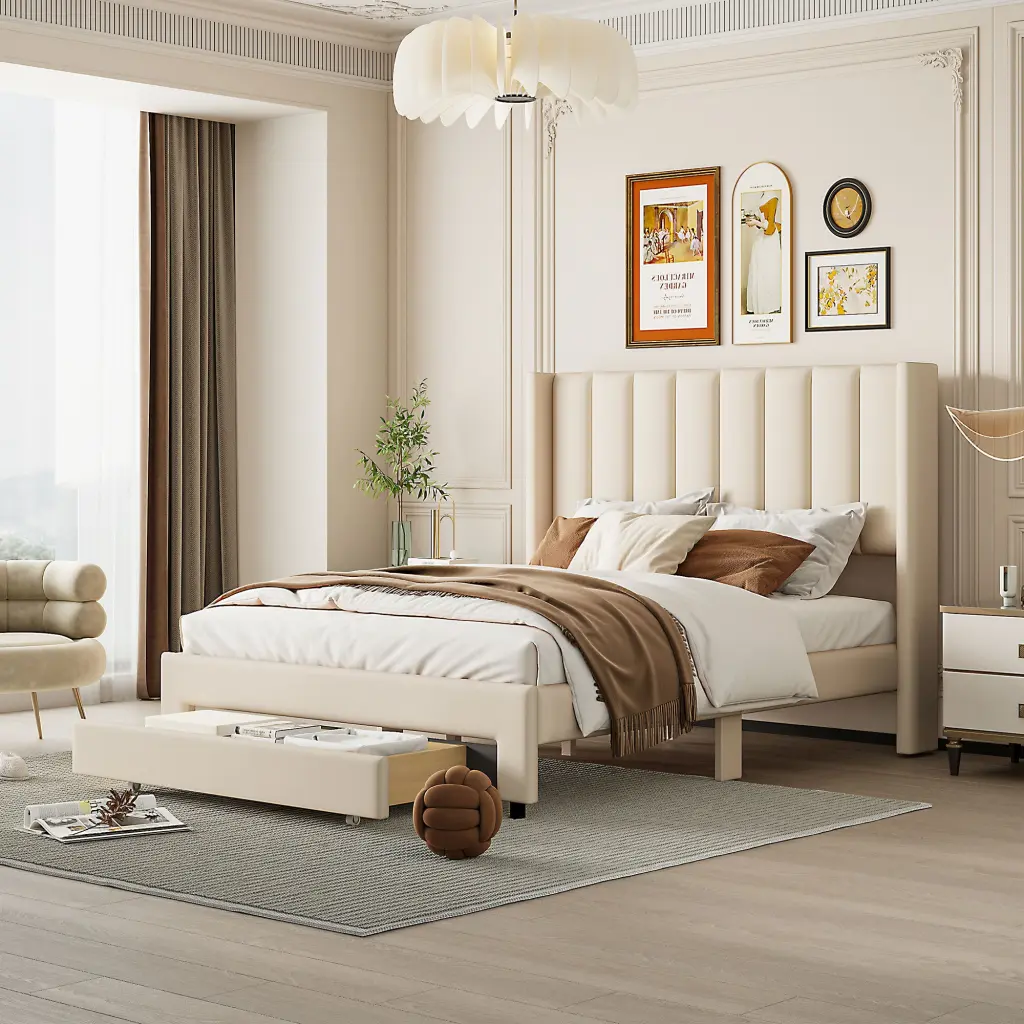 Full Size Storage Bed Velvet Upholstered Platform Bed Big Drawer lucky furniture