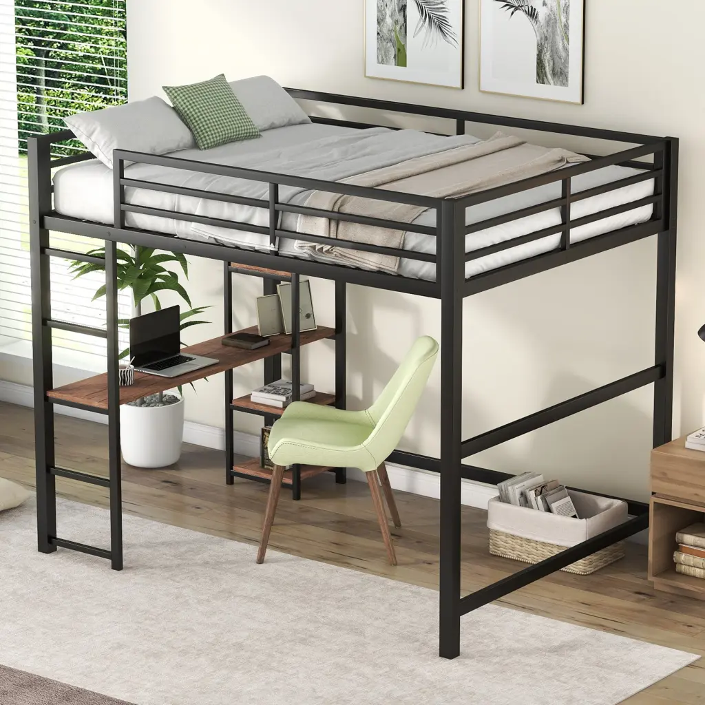 Full Size Metallic Loft Bed Built Desk and Storage Shelves Black Space Saving wm store