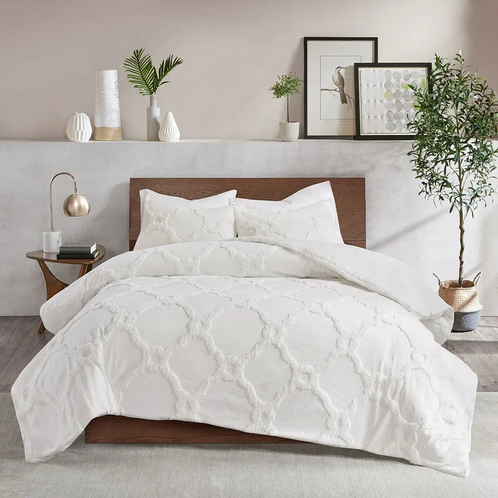 3 Piece Tufted Cotton Chenille Geometric Comforter Set Off White Full Size jla