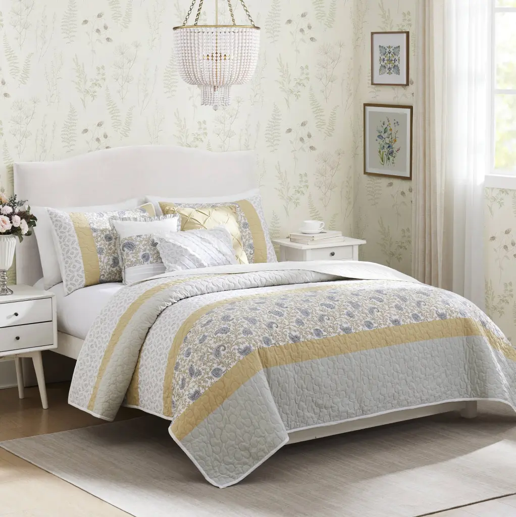 6 Piece Cotton Percale Quilt Set Throw Pillows Full Queen Yellow jla