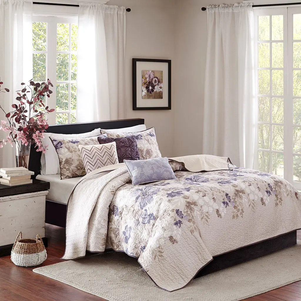 6 Piece Printed Quilt Set Throw Pillows Taupe Full Queen Full Mul jla