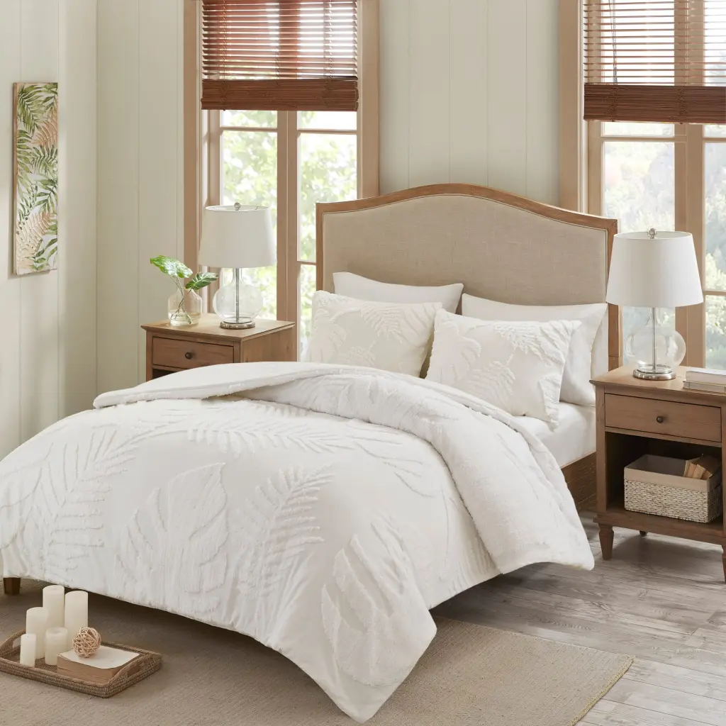 3 Piece Tufted Cotton Chenille Palm Comforter Set Off White Full Queen jla