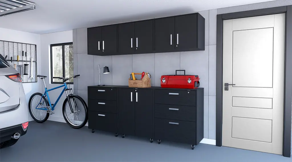 Jenna Black 6 Piece Garage Set Black Timber Storage Shelves furniture max