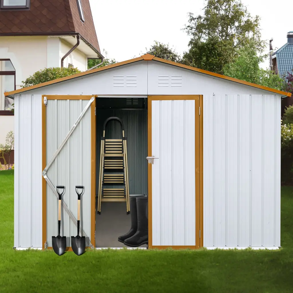 Metallic Garden Shed 10ft x 12ft Outdoor Storage Shed White Yellow Metal storage sheds