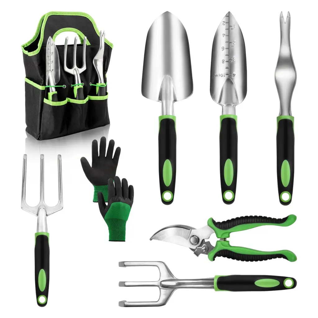 8 Piece Stainless Steel Gardening Tool Set - Black Metal Garden Tools Kit w2181