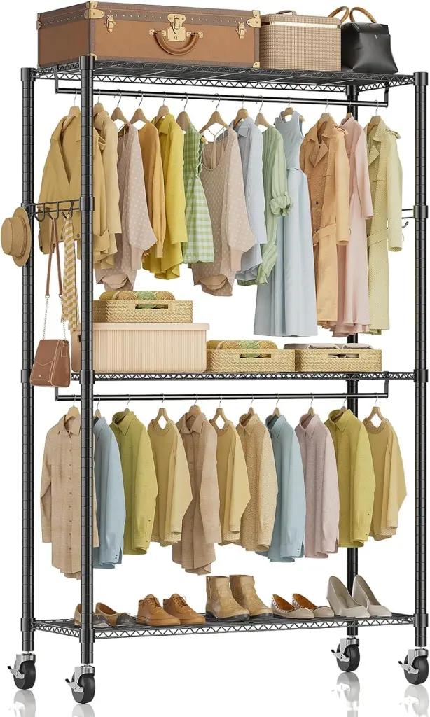 Rolling Clothes Rack Heavy Duty Apparel Rack 3 Shelf Travel Friendly Adjustable w1134dhs