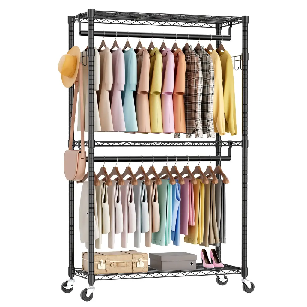 Rolling Clothes Rack Heavy Duty Garment Racks 3 Tiers Travel Friendly Adjustable Wardrobe w2201