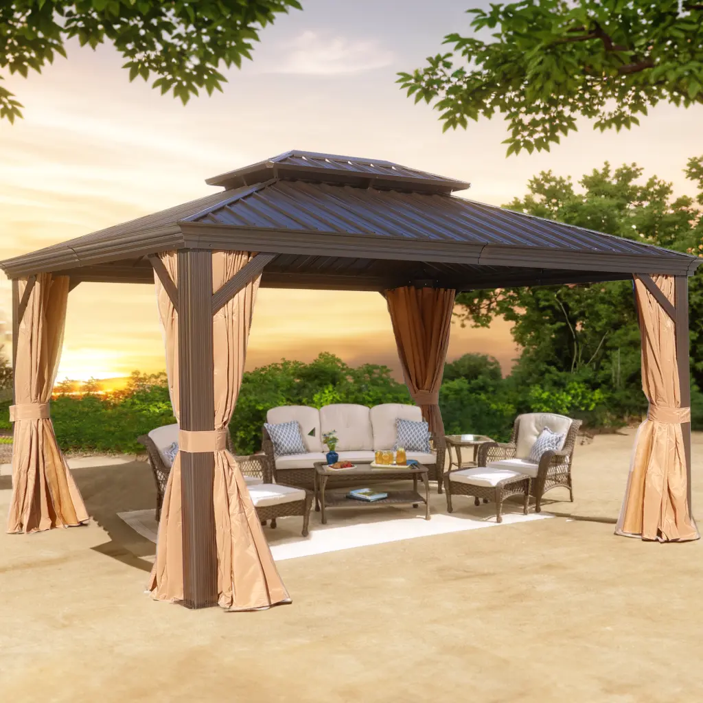 10x12ft Hardtop Gazebo Netting and Drape Brown Rectangular t2586