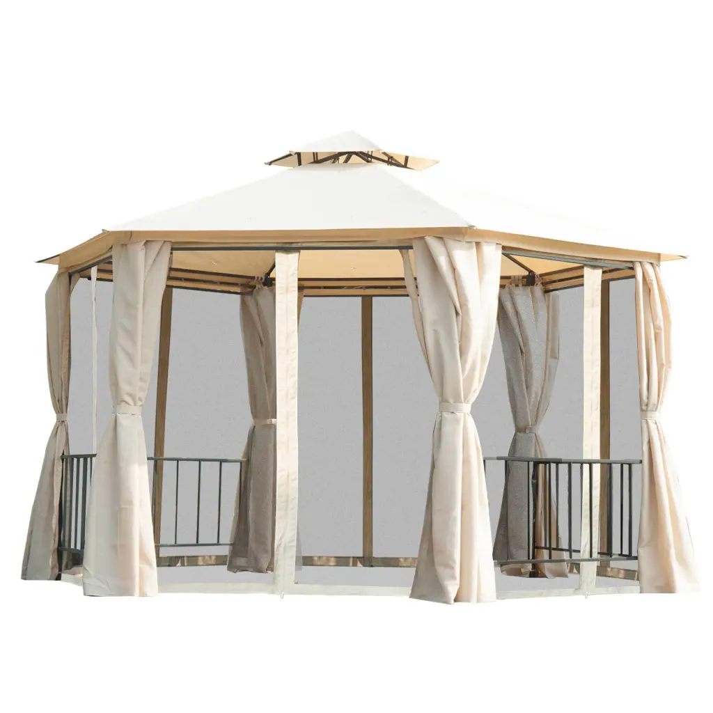 13x13 Foot Patio Gazebo Double Roof Hexagon Outdoor Canopy Shelter Side Shelves Backyard Garden Shade aosom business