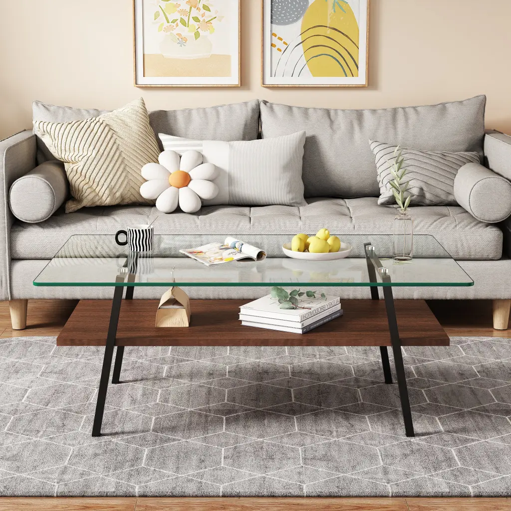 Rectangle Coffee Table Tempered Glass Top Black Metal Legs jws-w241