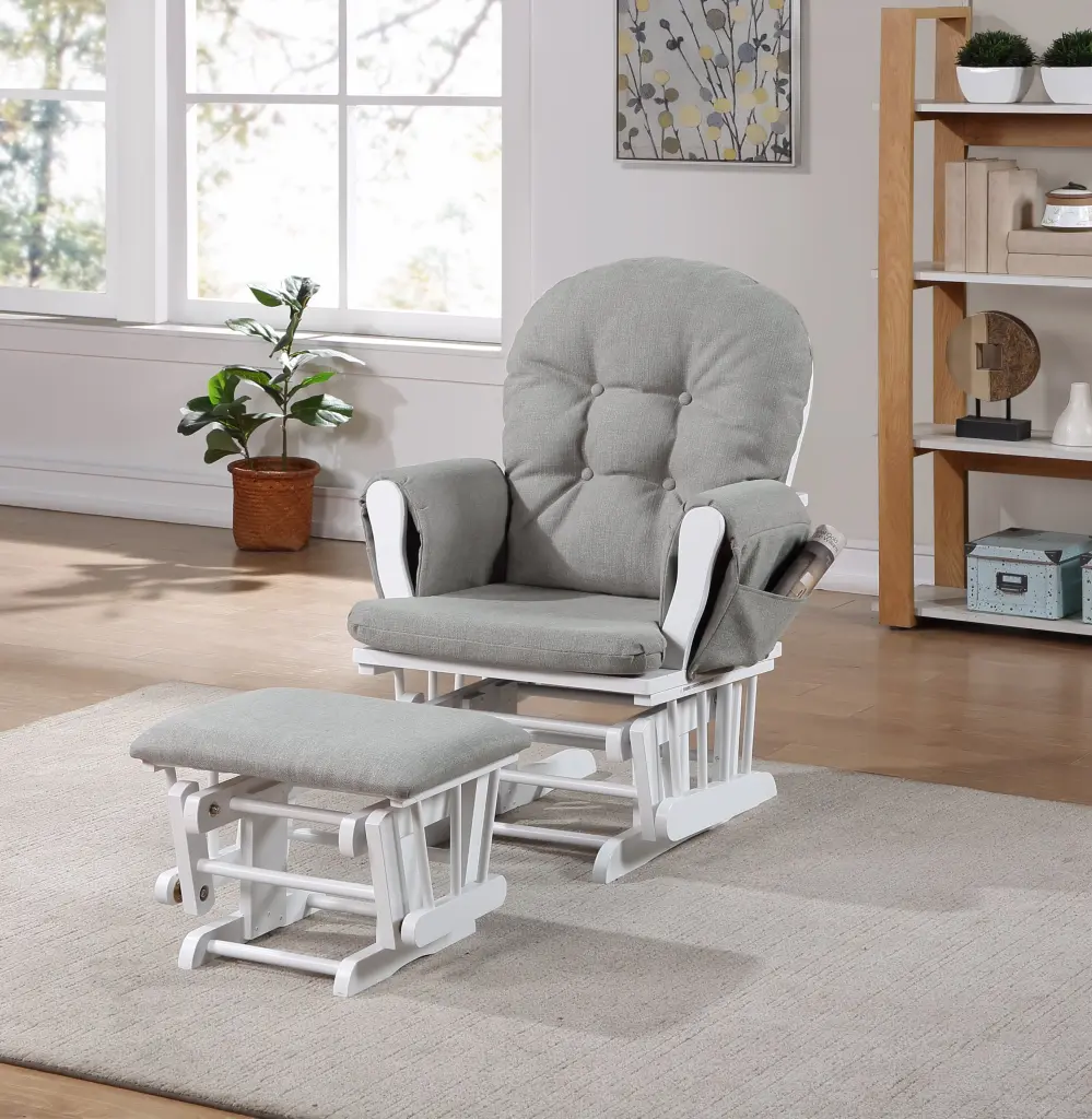 Mason Glider and Ottoman Set White Wood Oyster Gray Polyester Upholstery simple living