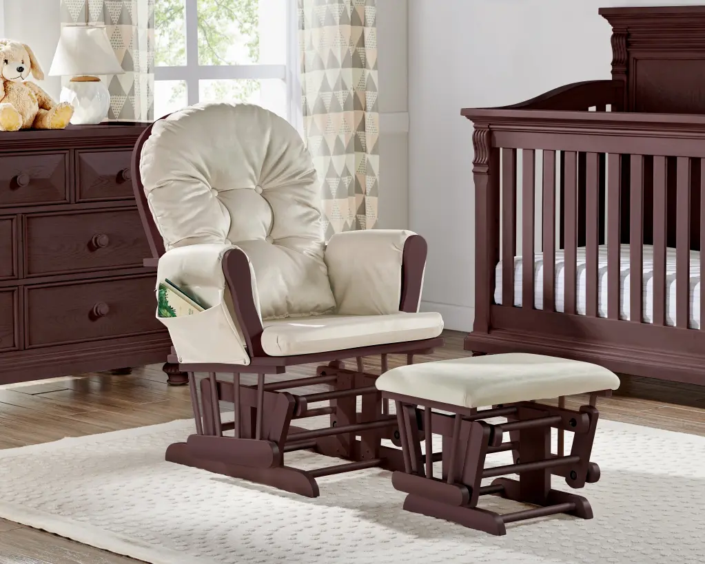 Mason Glider and Ottoman Set Espresso Timber Beige Polyester Upholstery Nursery or Living Room simple living