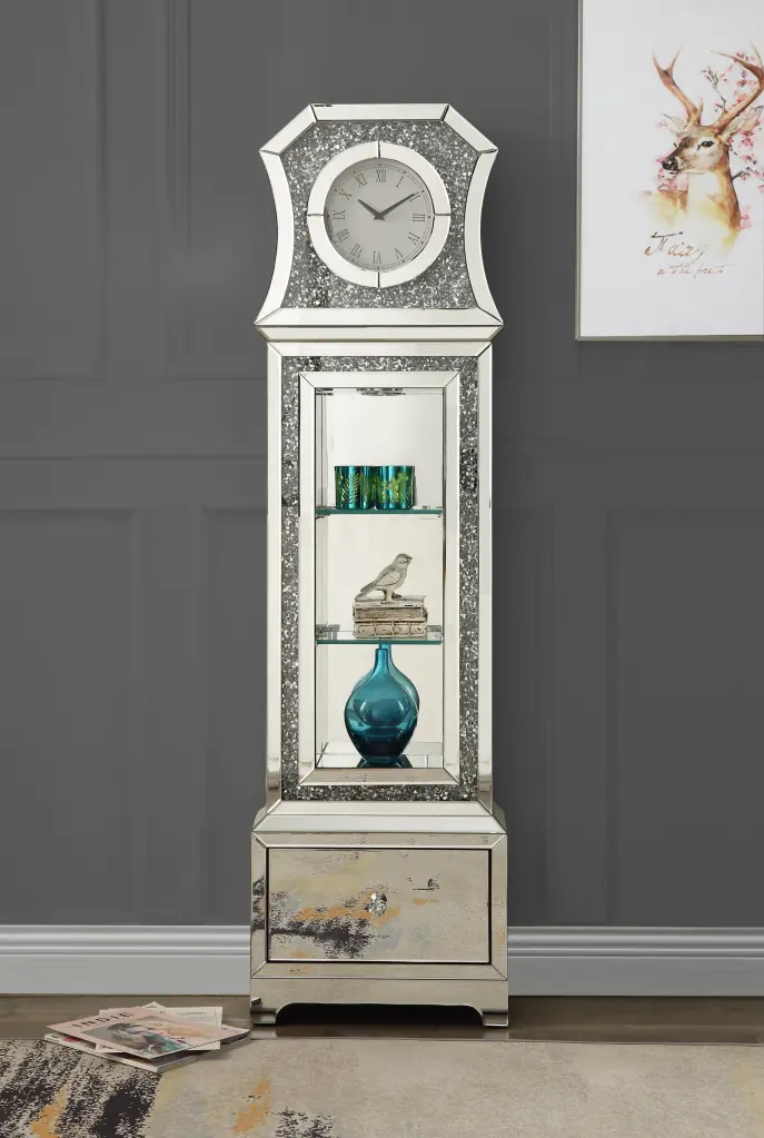 Noralie Grandfather Clock LED Mirrored & Faux Diamonds AC00350 Silver Finish acme onsite store