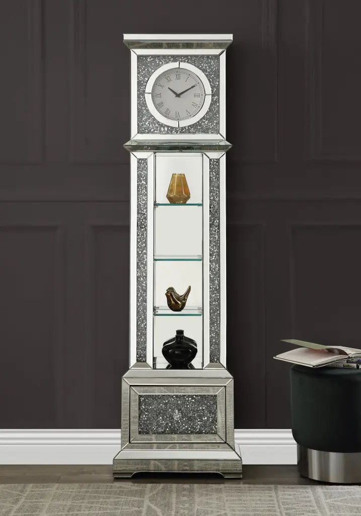 Noralie Grandfather Clock LED Mirrored & Faux Diamonds AC00348 Silver acme onsite store