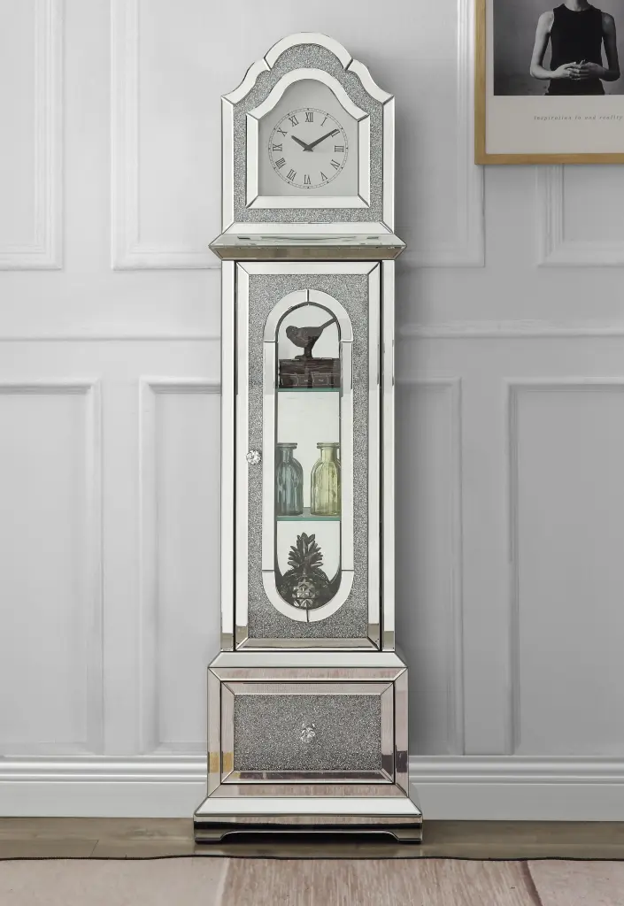 Noralie Grandfather Clock LED Mirrored and Faux Diamonds Silver Finish acme onsite store