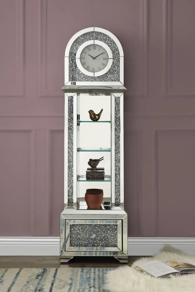 Noralie Grandfather Clock LED Mirrored Finish and Faux Gemstones AC00353 Silver acme onsite store