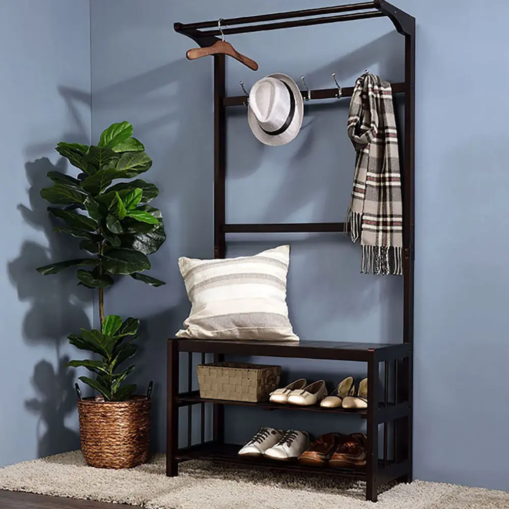 Espresso Hall Tree Metallic Hooks - Pine Wood Entryway Organization furniture max
