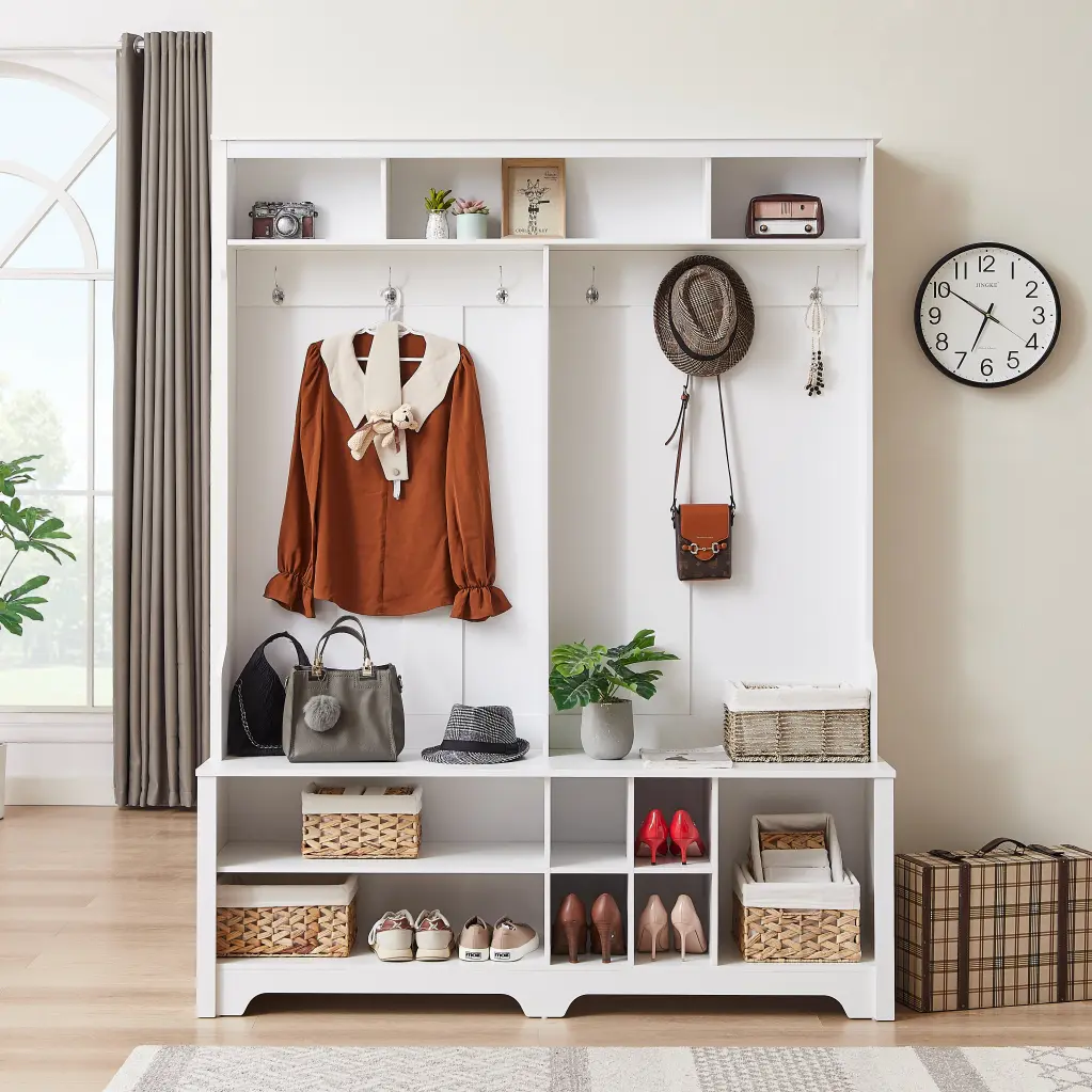 Hall Tree Entryway Bench Coat Rack Shoe Cubbies Storage jhx
