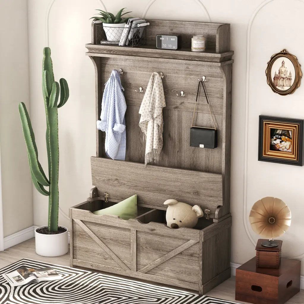 Hall Tree Storage Bench Entryway Bench Drawer and 5 Hooks magic more