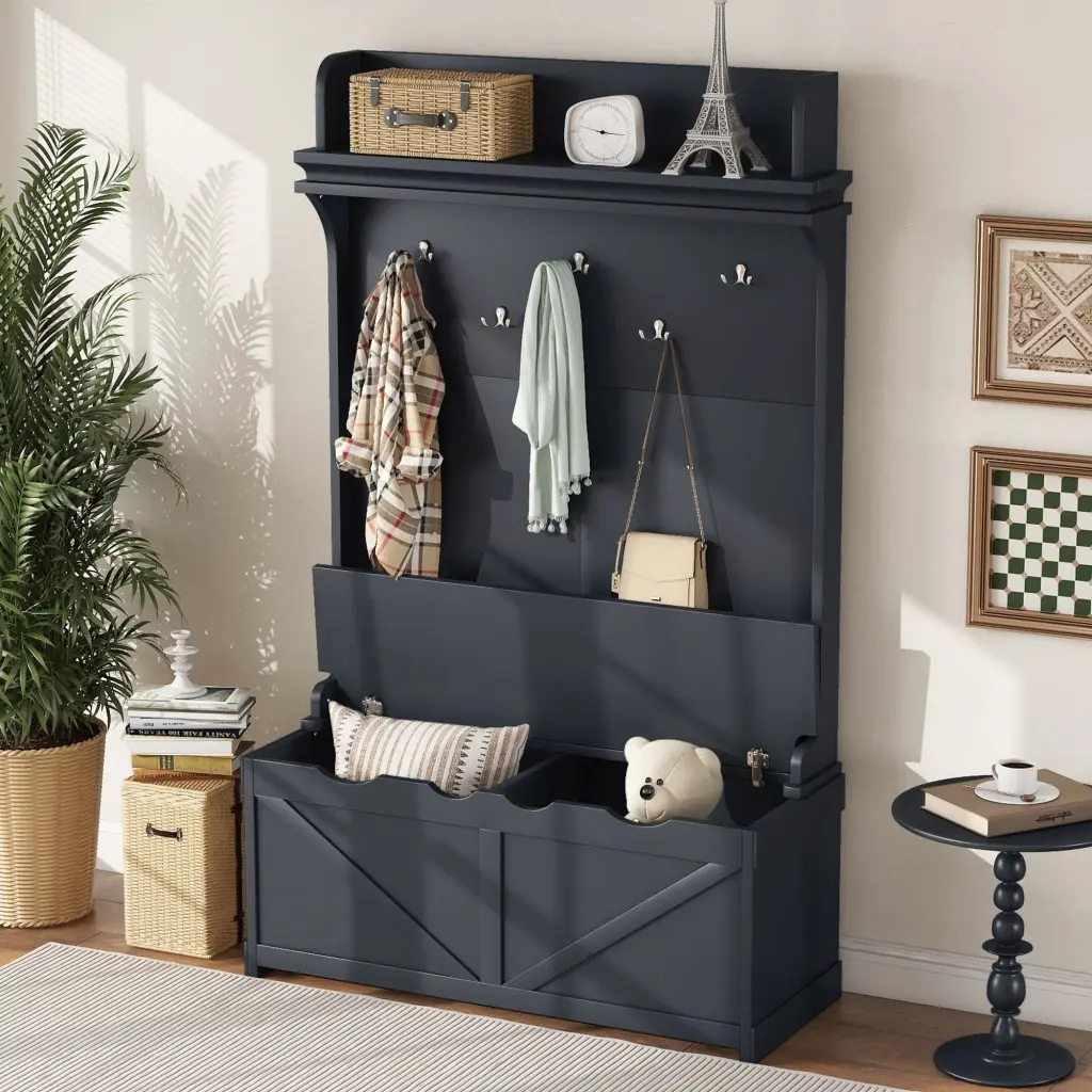 Hall Tree Storage Bench, Entryway Bench Drawer and 5 Hooks magic more