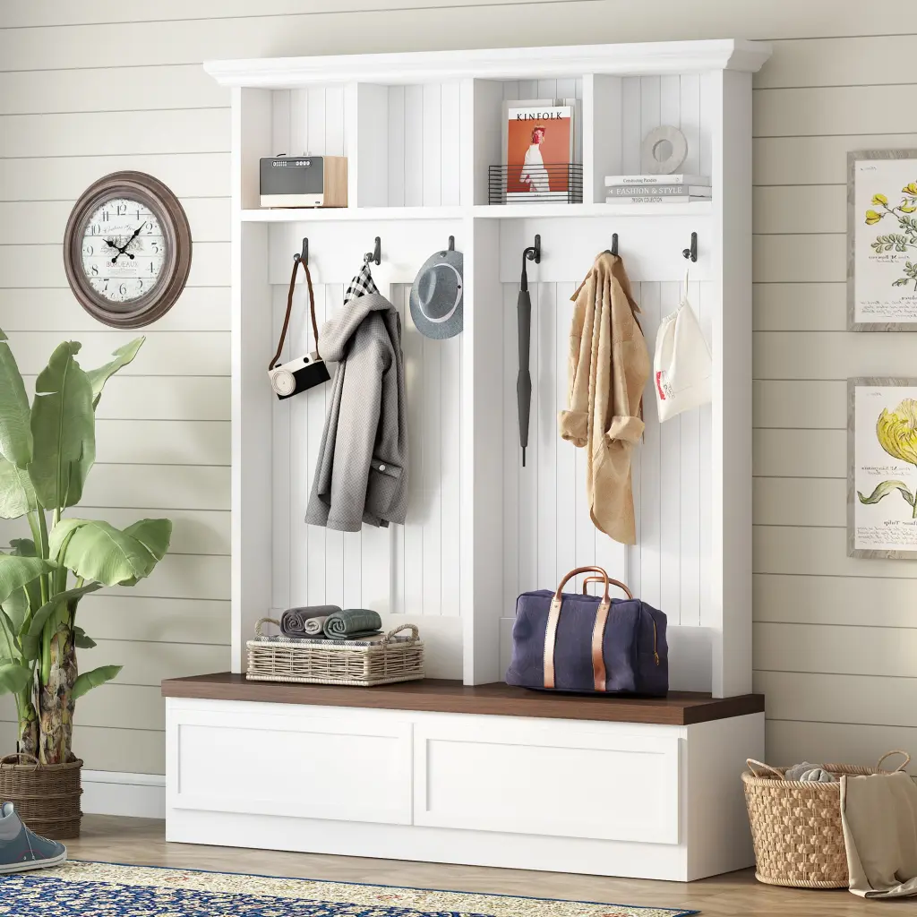 Farmhouse 4 1 Hall Tree Wood Grain Bench Mudroom Multi-functional Coat Rack on-trend