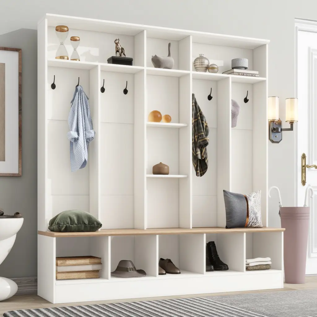Wide Hall Tree Storage Bench and Minimalist Shoe Cabinet on-trend