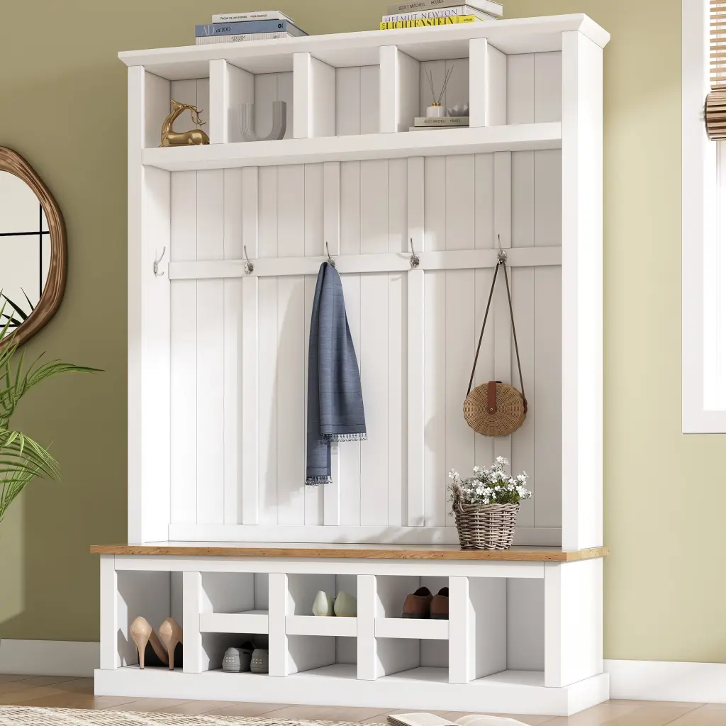 Farmhouse Style 78 Inch Hall Tree Wide Storage Bench rnb
