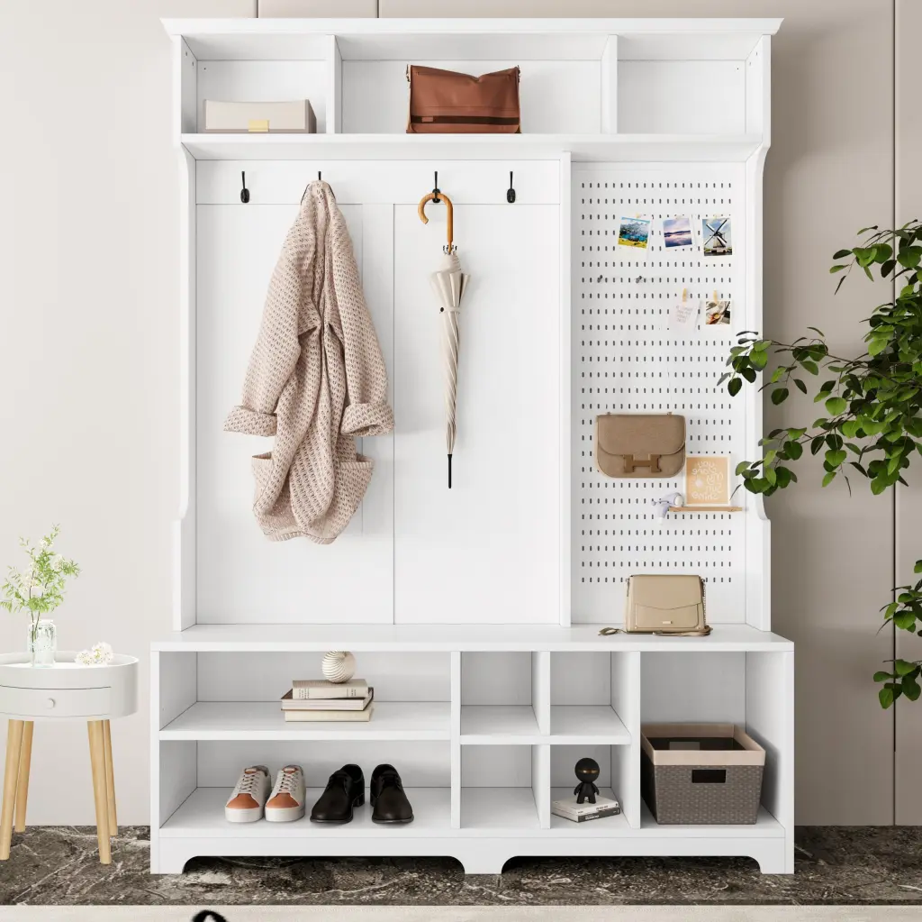 Hall Tree Shoe Bench - Coat Rack and Storage Shelves Entryway rnb