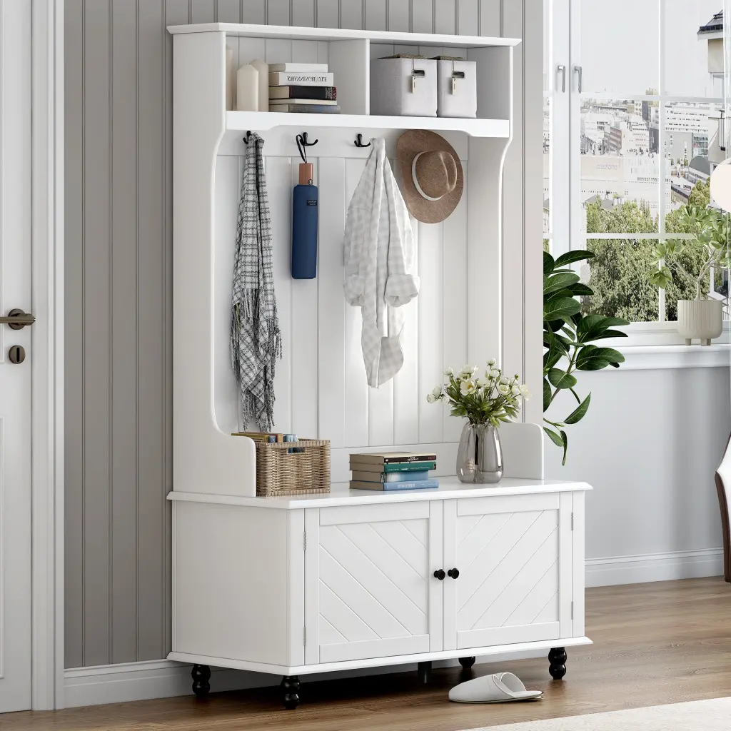 Hall Tree 4 Hooks Coat Hanger Entryway Bench Storage Bench 3 1 Furniture u-can